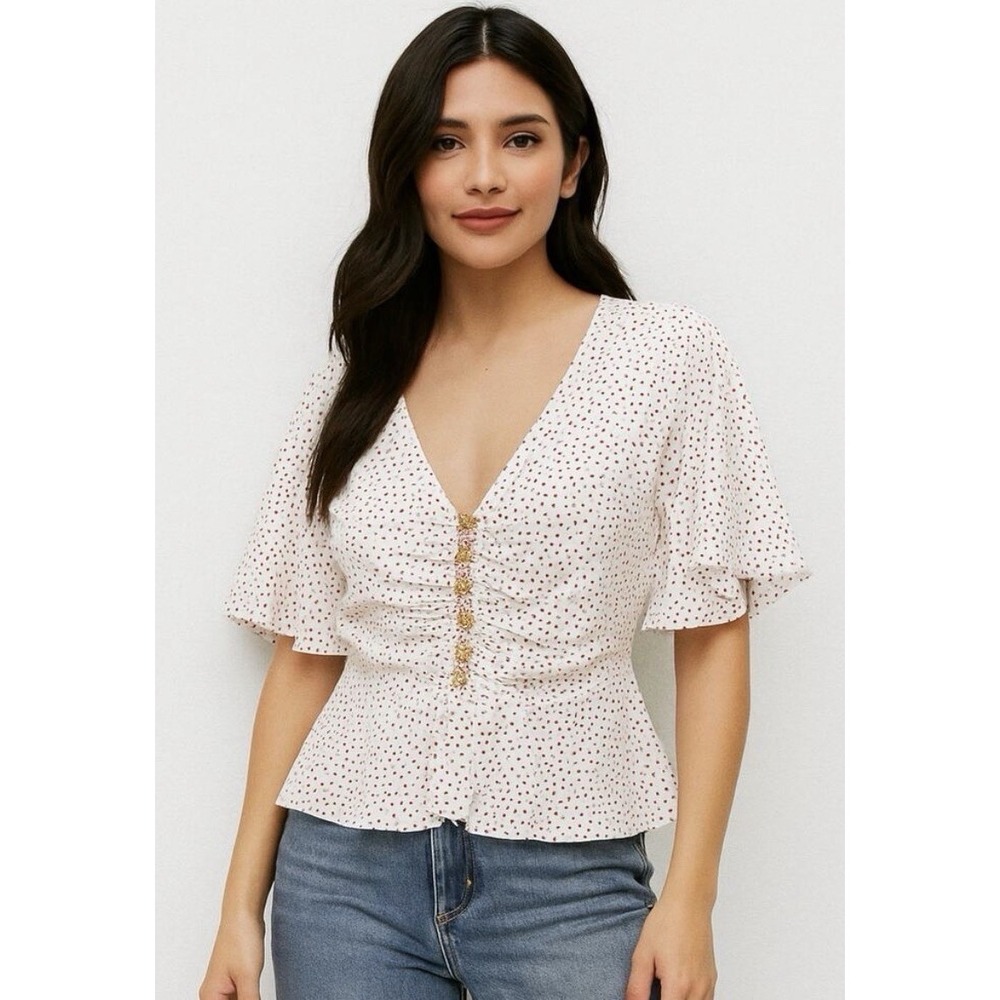 Ranna Gill Polka Dot Peplum Top Boho White Red Cotton Flutter Sleeves Medium